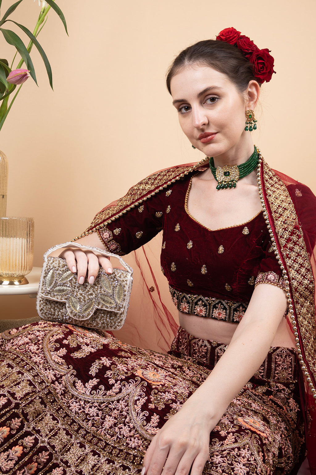 Silver hand-embellished mini clutch with diamond bead and crystal work with suede lining for party and wedding wear