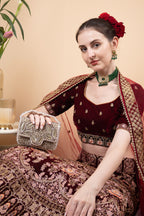 Silver hand-embellished mini clutch with diamond bead and crystal work with suede lining for party and wedding wear