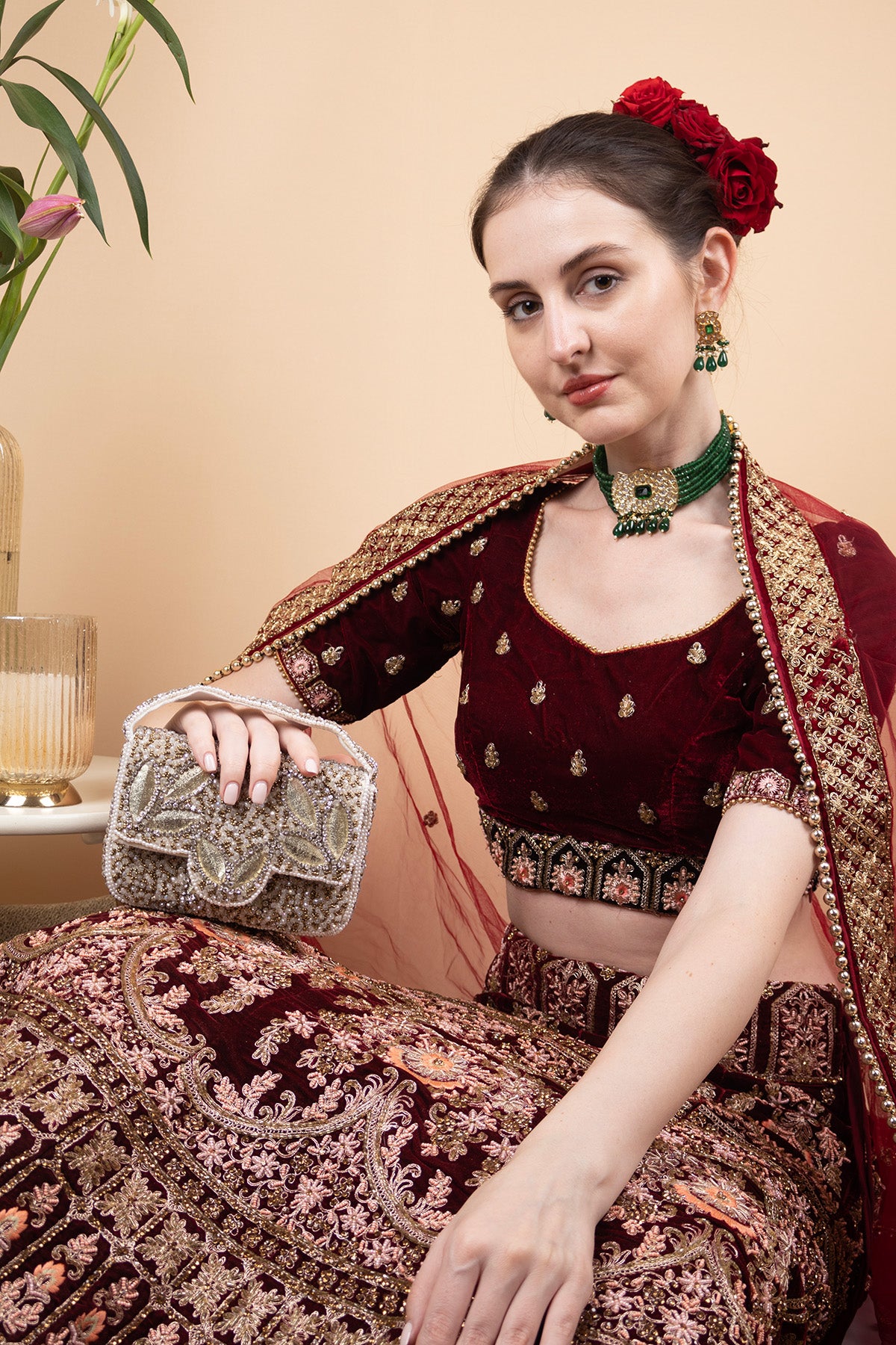 Silver hand-embellished mini clutch with diamond bead and crystal work with suede lining for party and wedding wear