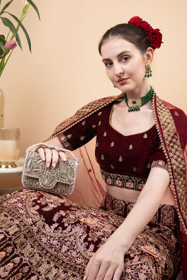 Silver hand-embellished mini clutch with diamond bead and crystal work with suede lining for party and wedding wear Hover Image