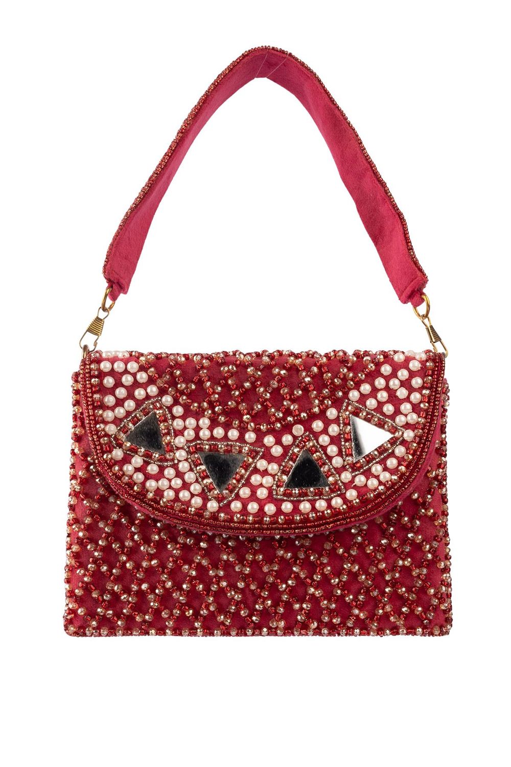 Red mirror work clutch bag with pearl and bead embellishments and suede lining for wedding and festive wear