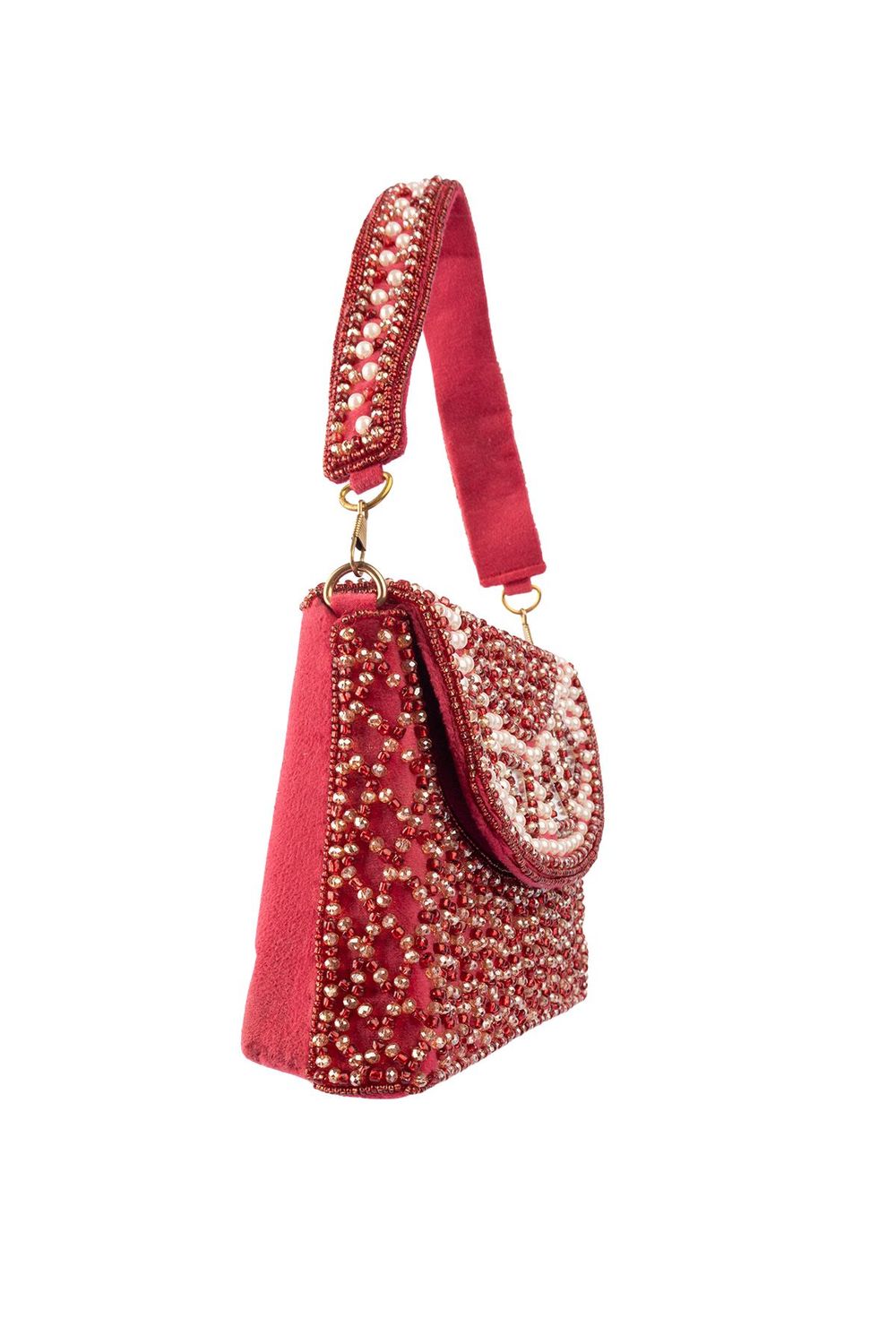 Red mirror work clutch bag with pearl and bead embellishments and suede lining for wedding and festive wear