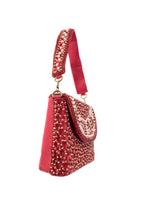 Red mirror work clutch bag with pearl and bead embellishments and suede lining for wedding and festive wear