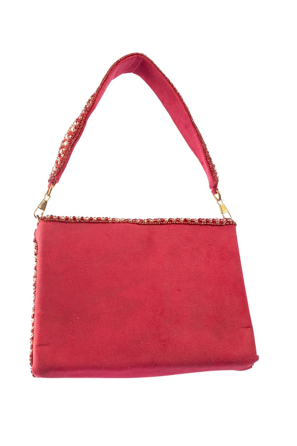 Red mirror work clutch bag with pearl and bead embellishments and suede lining for wedding and festive wear