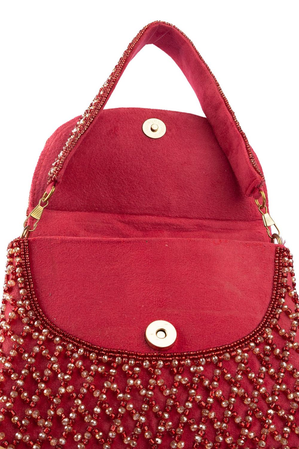 Red mirror work clutch bag with pearl and bead embellishments and suede lining for wedding and festive wear