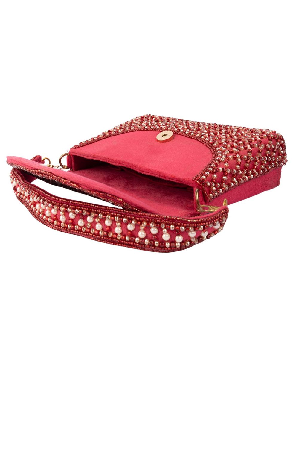 Red mirror work clutch bag with pearl and bead embellishments and suede lining for wedding and festive wear