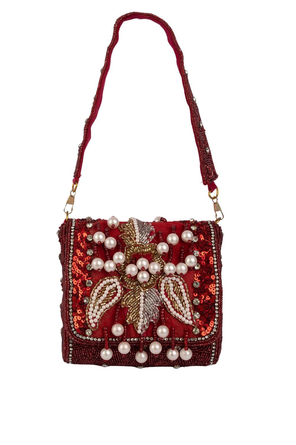Red hand-embellished shoulder bag with diamond cutdana and crystal work with suede lining for wedding and party wear