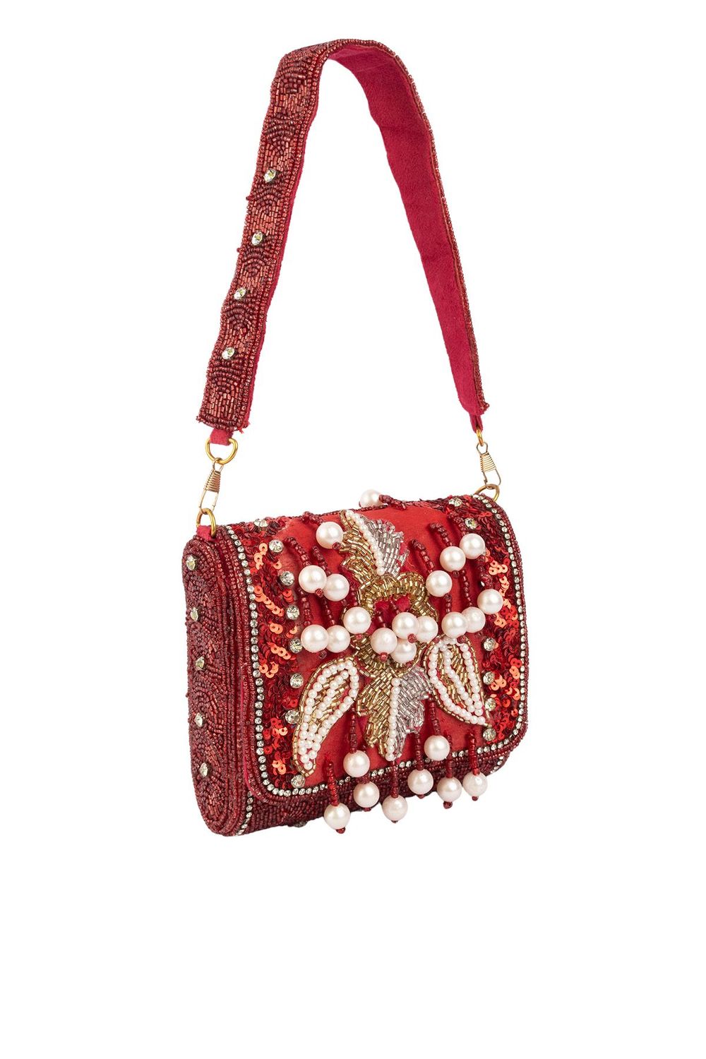 Red hand-embellished shoulder bag with diamond cutdana and crystal work with suede lining for wedding and party wear