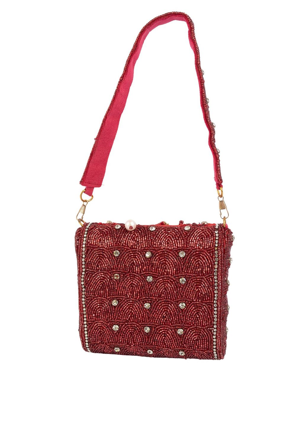 Red hand-embellished shoulder bag with diamond cutdana and crystal work with suede lining for wedding and party wear