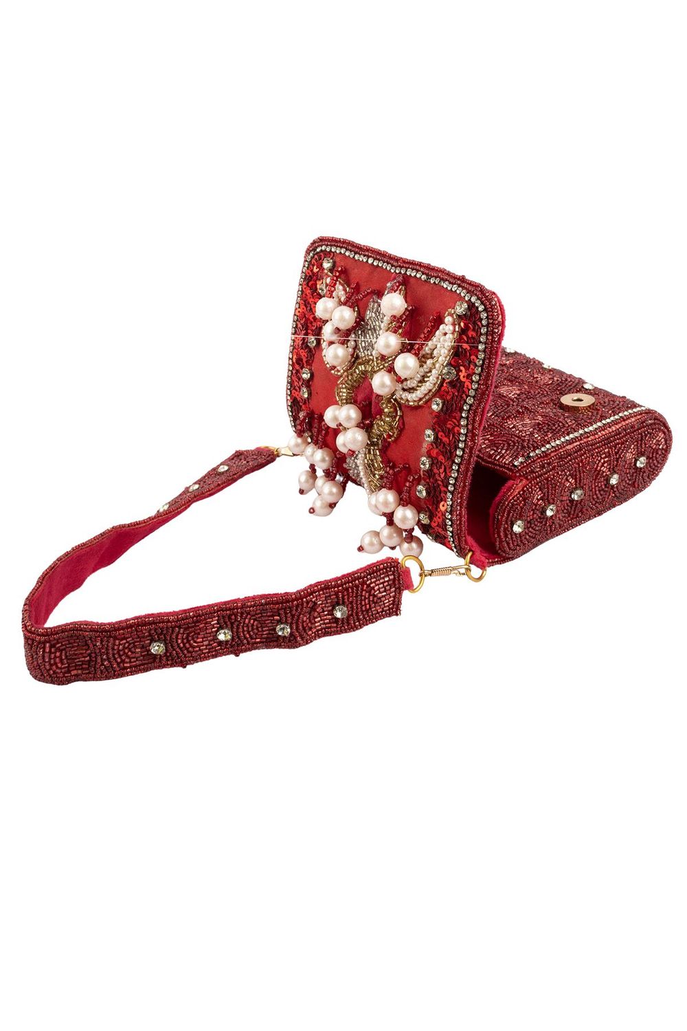 Red hand-embellished shoulder bag with diamond cutdana and crystal work with suede lining for wedding and party wear