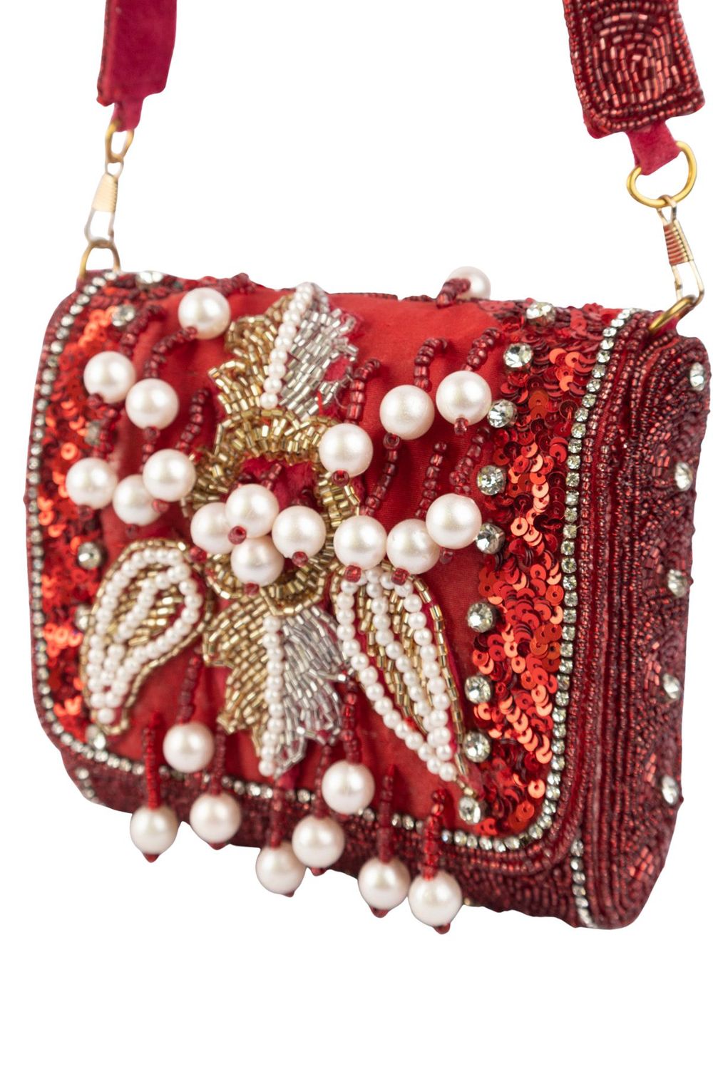 Red hand-embellished shoulder bag with diamond cutdana and crystal work with suede lining for wedding and party wear