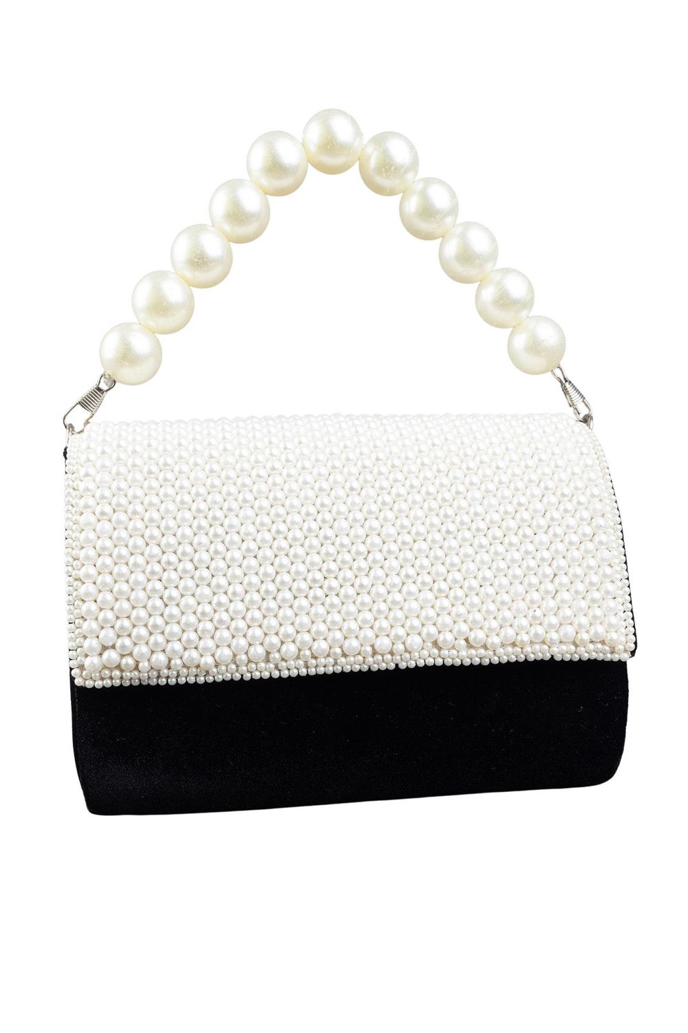 Black velvet clutch bag with pearl work and pearly handle with inner pocket for wedding and party wear