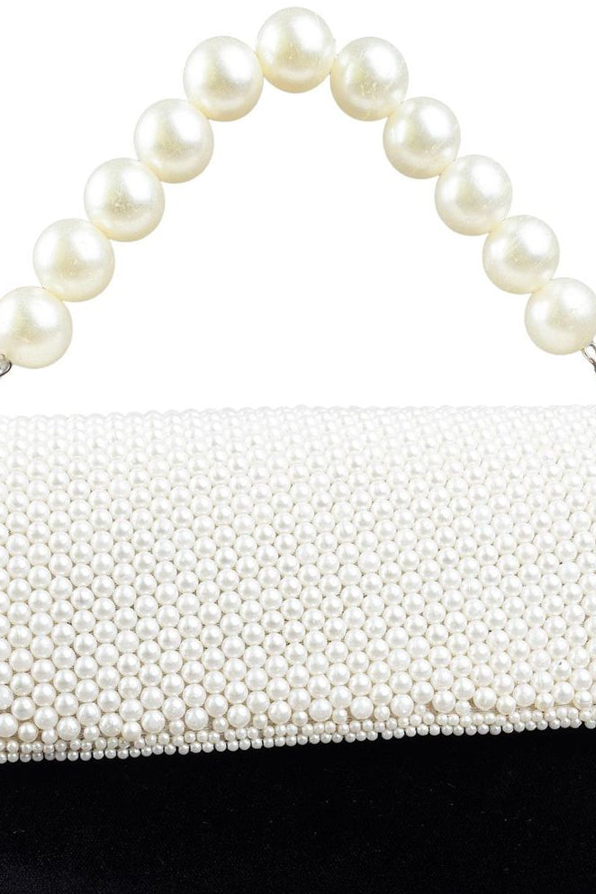 Black velvet clutch bag with pearl work and pearly handle with inner pocket for wedding and party wear
