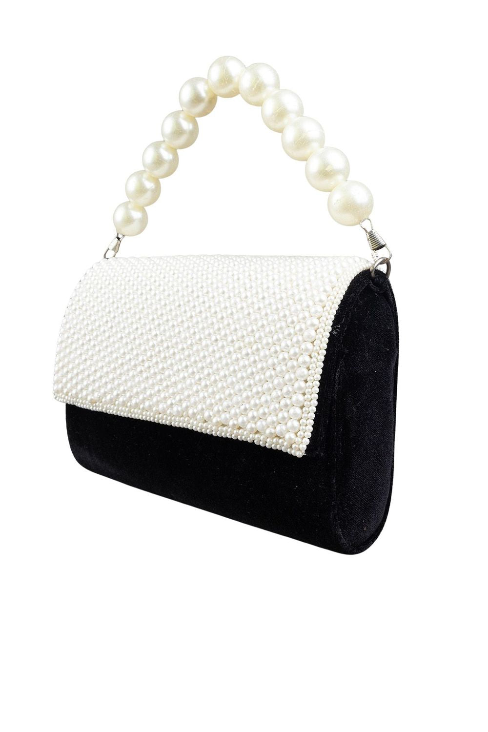 Black velvet clutch bag with pearl work and pearly handle with inner pocket for wedding and party wear