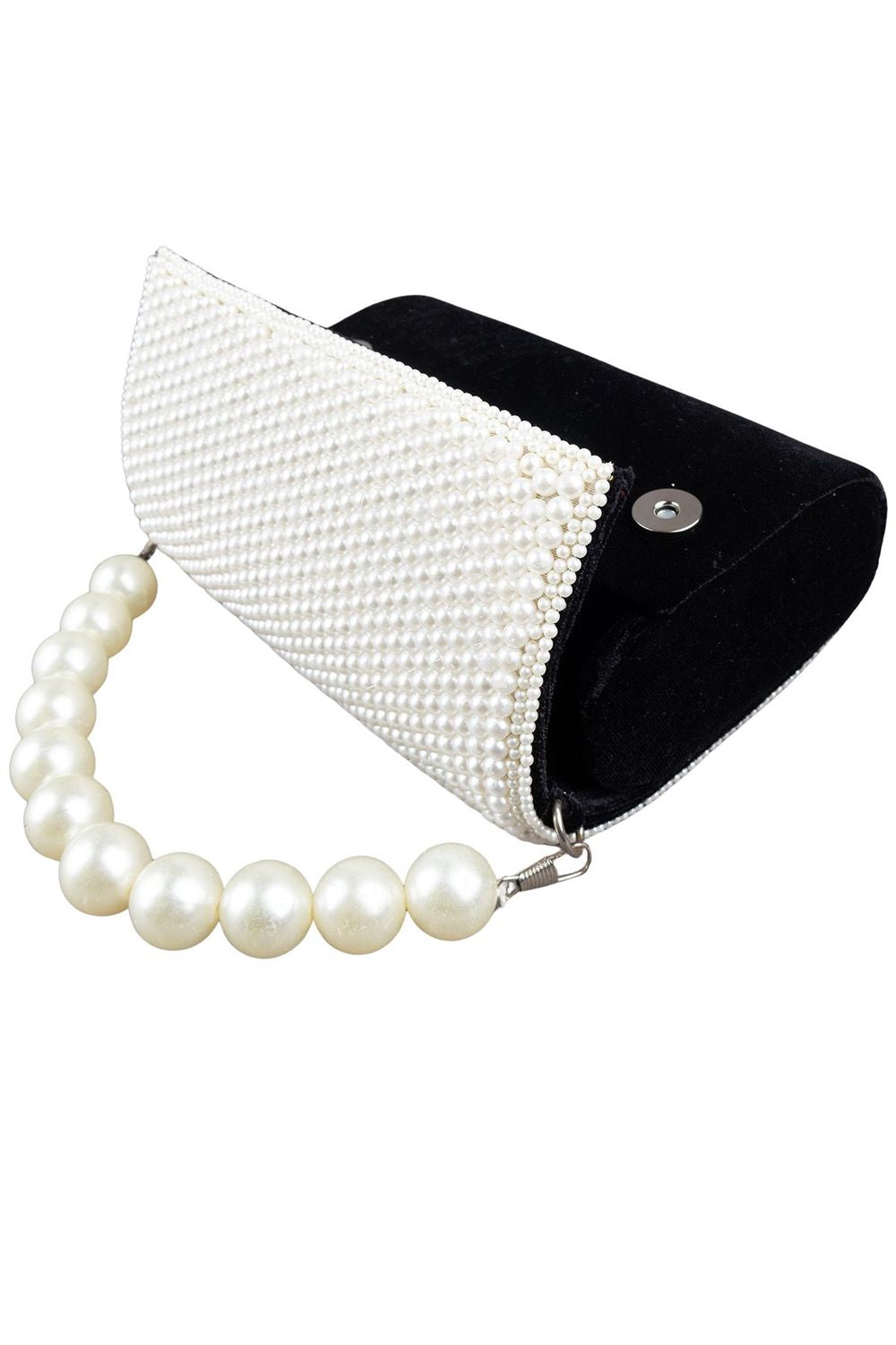 Black velvet clutch bag with pearl work and pearly handle with inner pocket for wedding and party wear