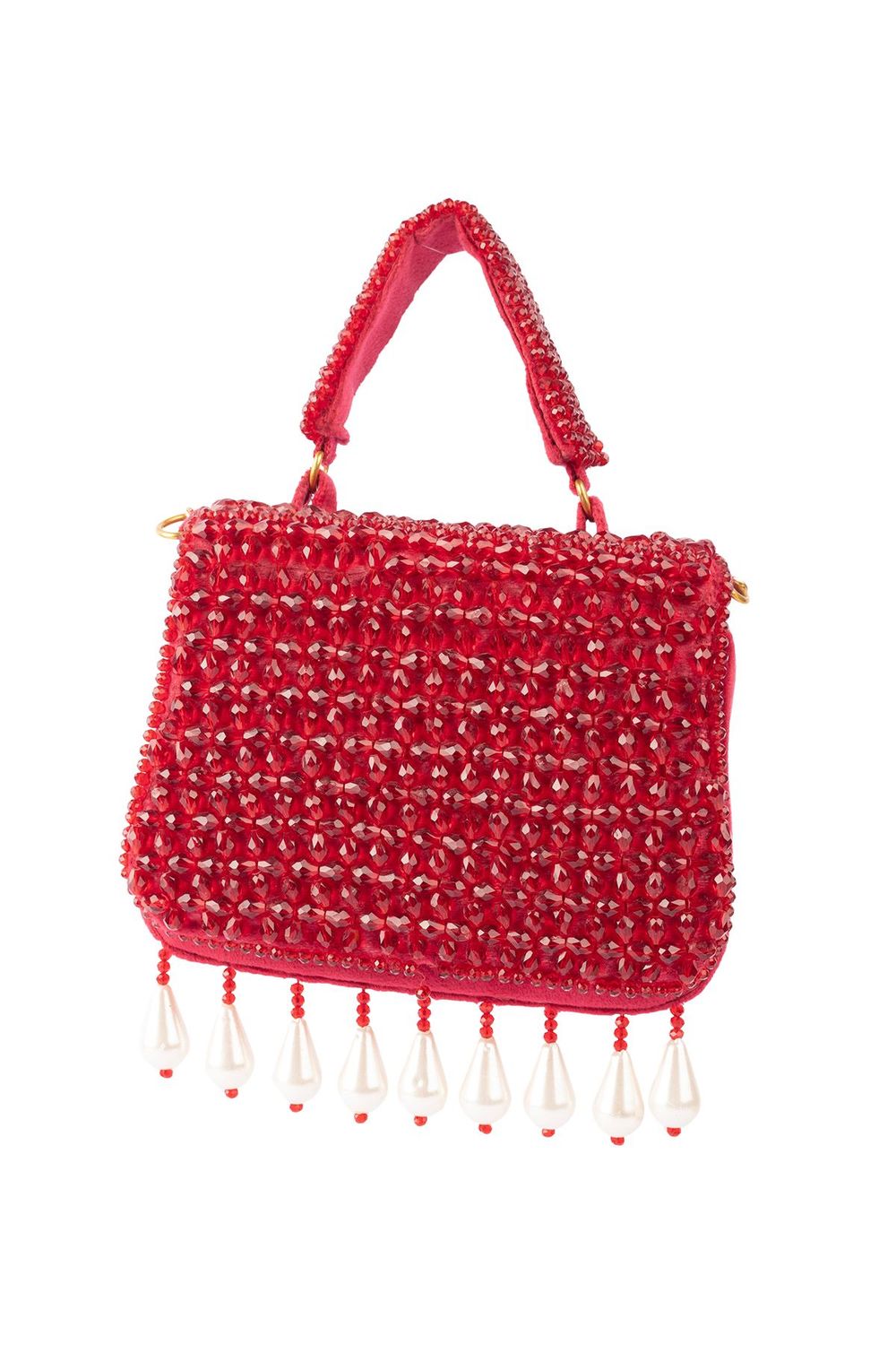 Red crystal embellished evening handbag with structured design handle and chain strap for wedding and festive wear