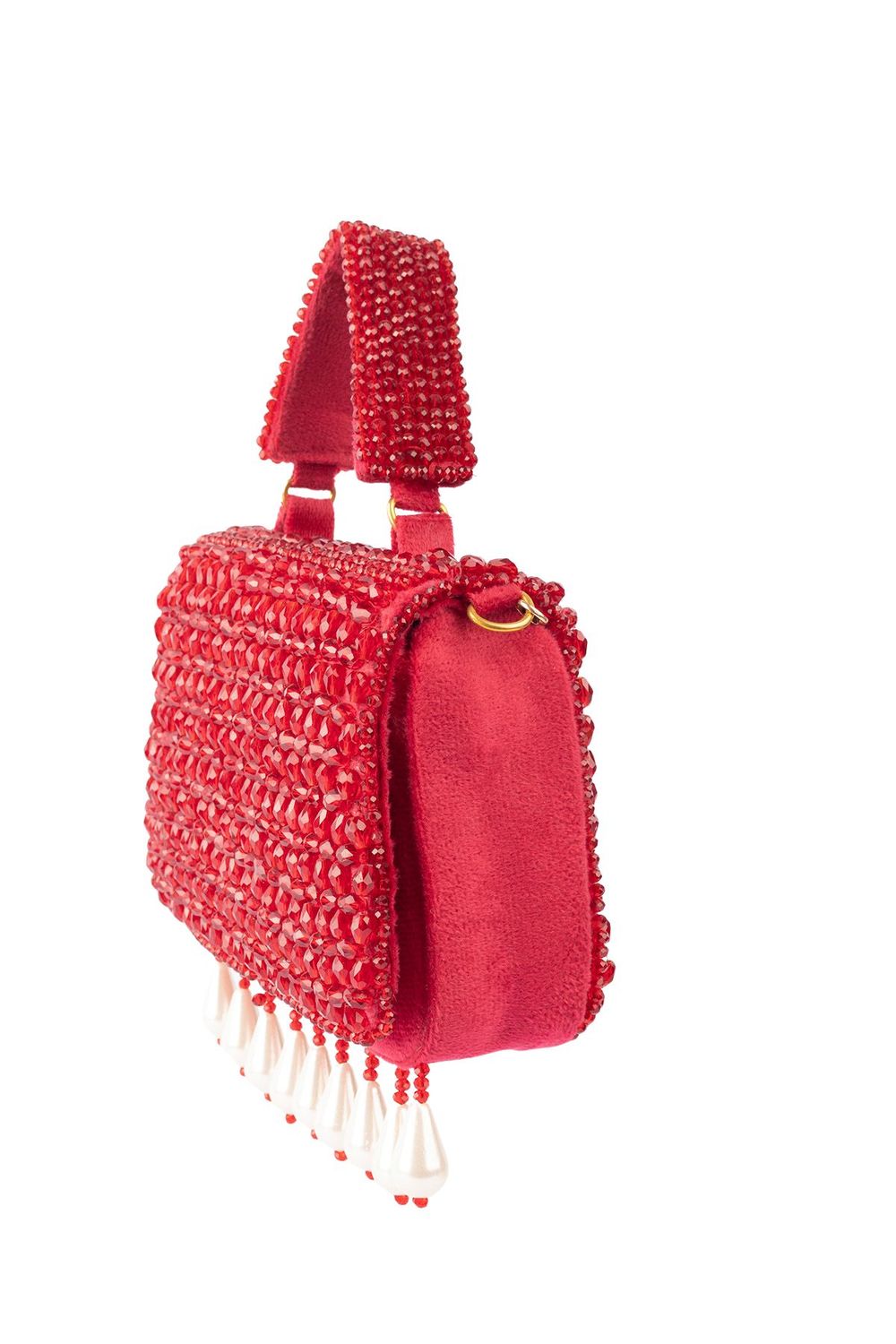 Red crystal embellished evening handbag with structured design handle and chain strap for wedding and festive wear