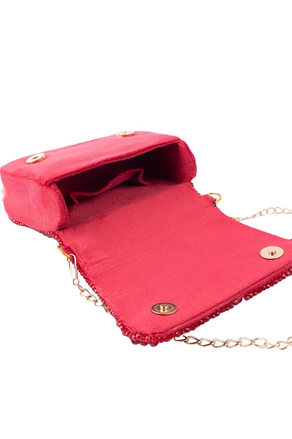 Red crystal embellished evening handbag with structured design handle and chain strap for wedding and festive wear