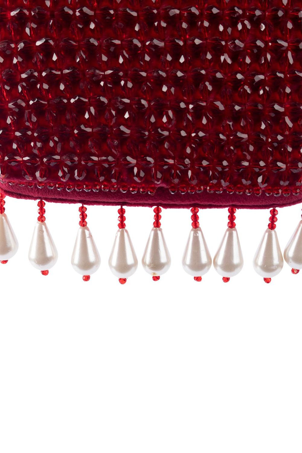 Red crystal embellished evening handbag with structured design handle and chain strap for wedding and festive wear