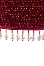 Red crystal embellished evening handbag with structured design handle and chain strap for wedding and festive wear