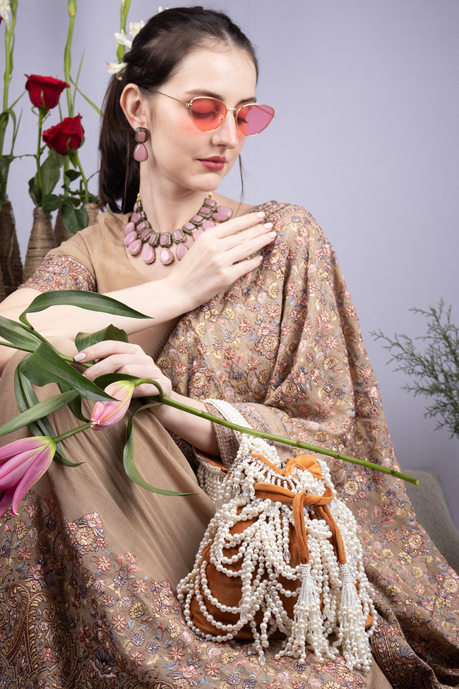 Mustard Velvet Pearl Embellished Potli Bag Main Image