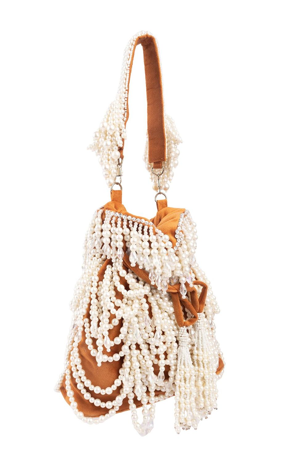 Velvet potli bag with cascading pearl strands, drawstring closure and embellished handle for wedding and festive occasions