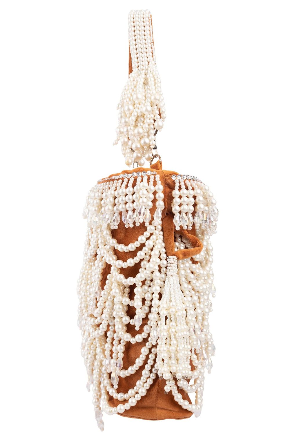 Velvet potli bag with cascading pearl strands, drawstring closure and embellished handle for wedding and festive occasions