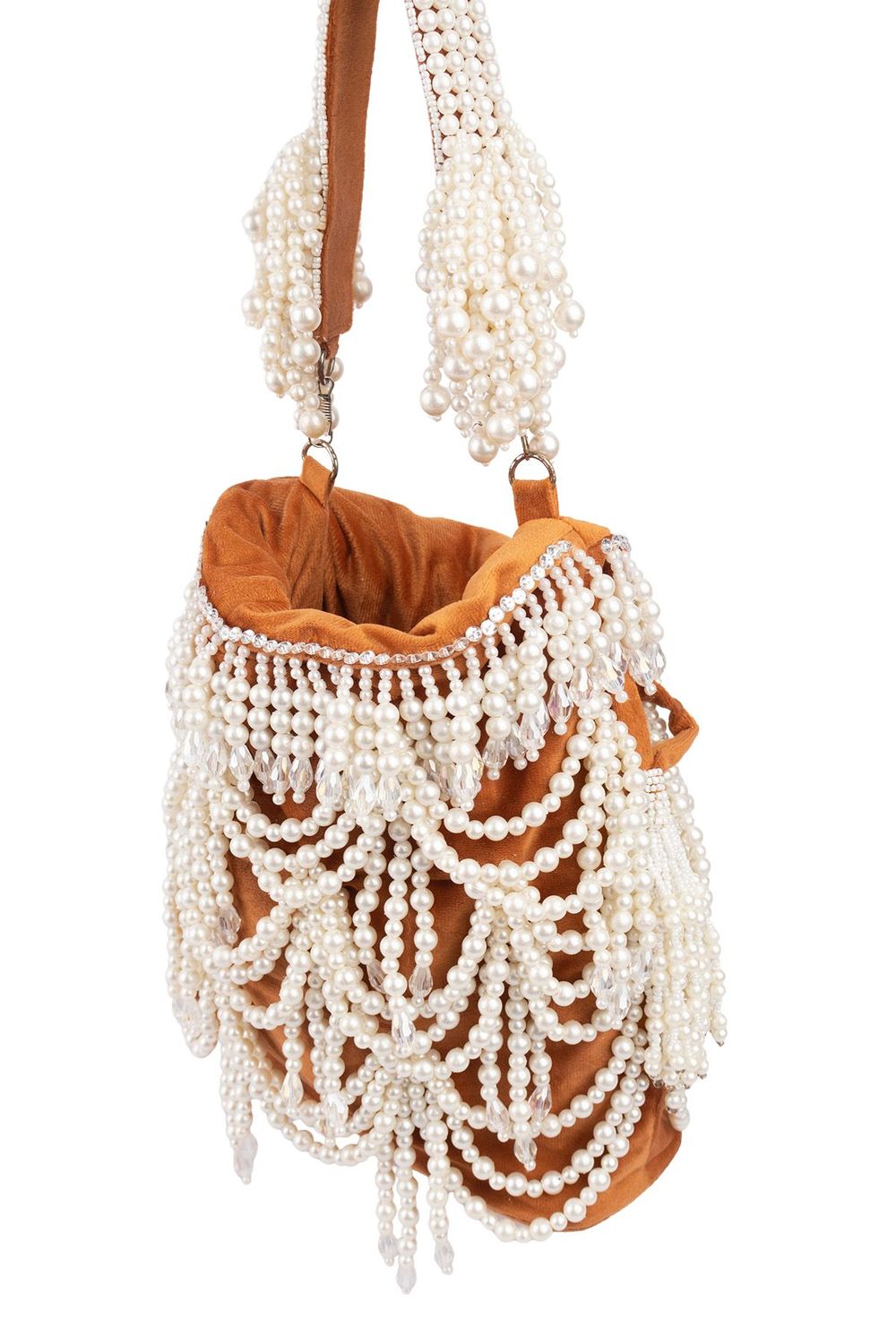 Velvet potli bag with cascading pearl strands, drawstring closure and embellished handle for wedding and festive occasions