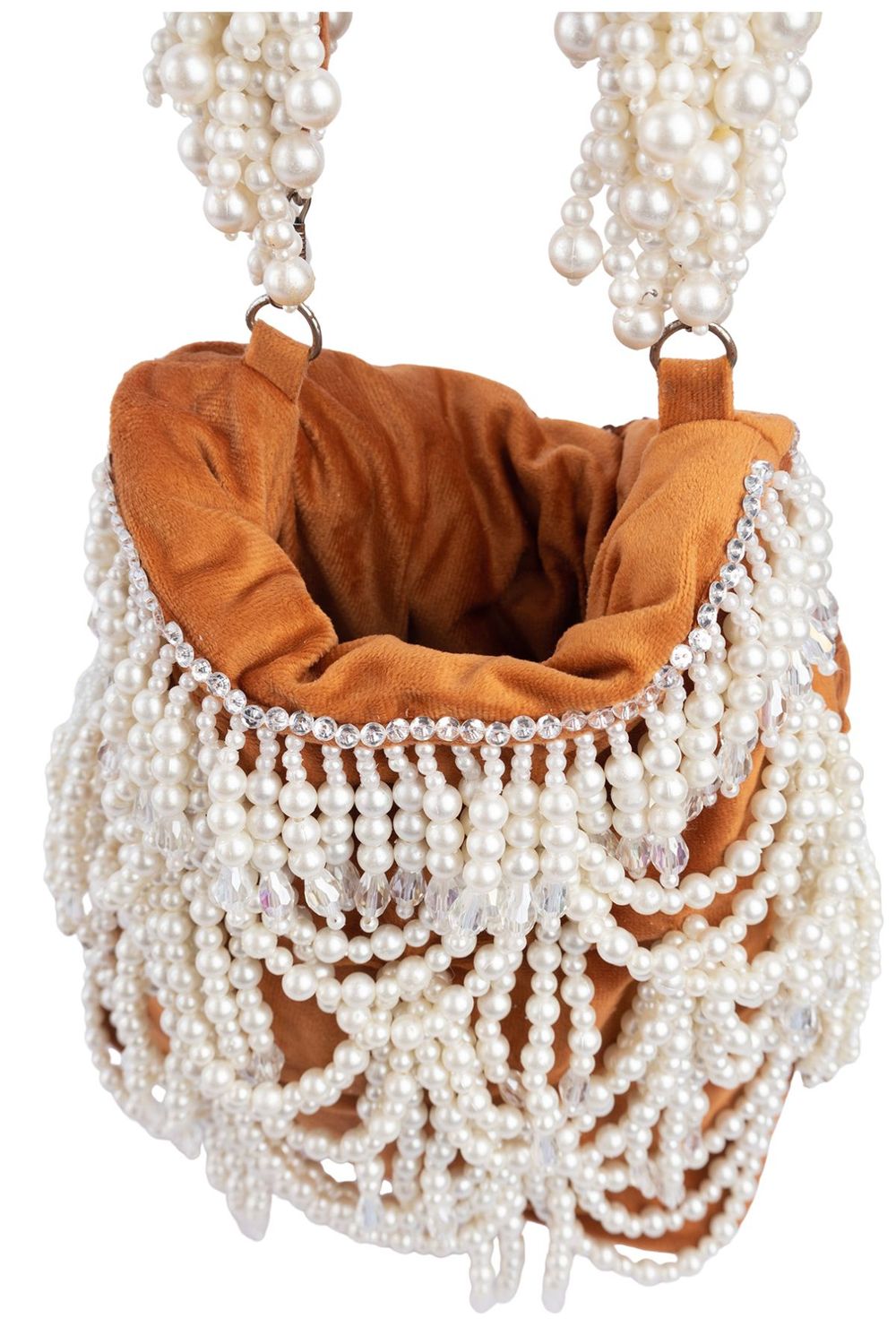 Velvet potli bag with cascading pearl strands, drawstring closure and embellished handle for wedding and festive occasions