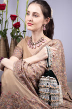 Bottle green handcrafted potli bag with beads stones and pearl work with drawstring closure for wedding and festive wear
