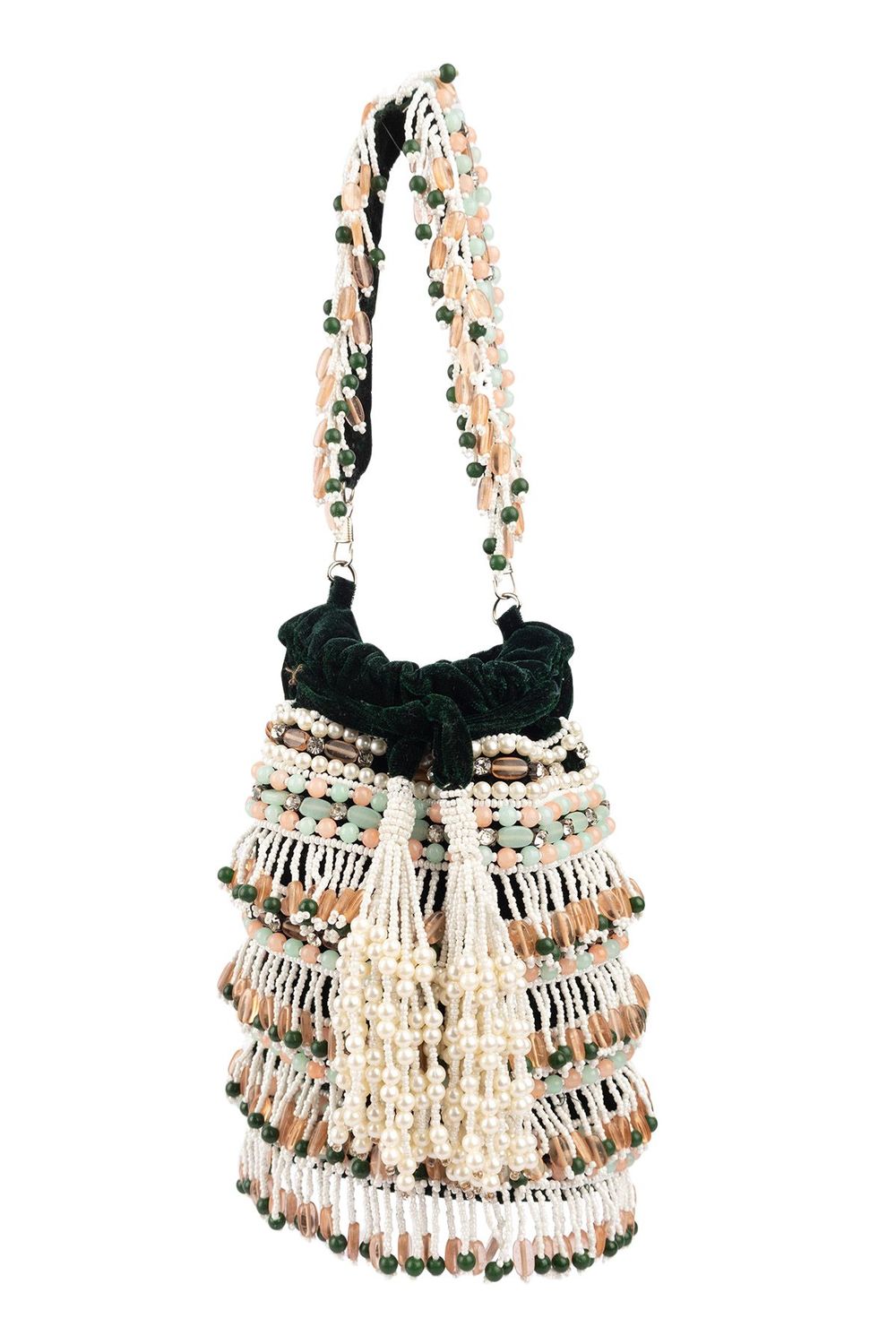 Bottle green handcrafted potli bag with beads stones and pearl work with drawstring closure for wedding and festive wear