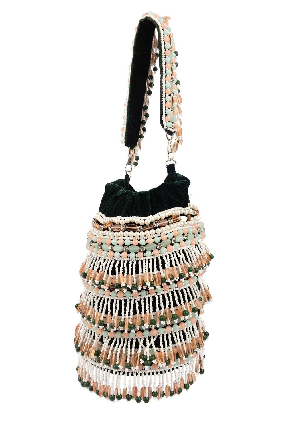 Bottle green handcrafted potli bag with beads stones and pearl work with drawstring closure for wedding and festive wear