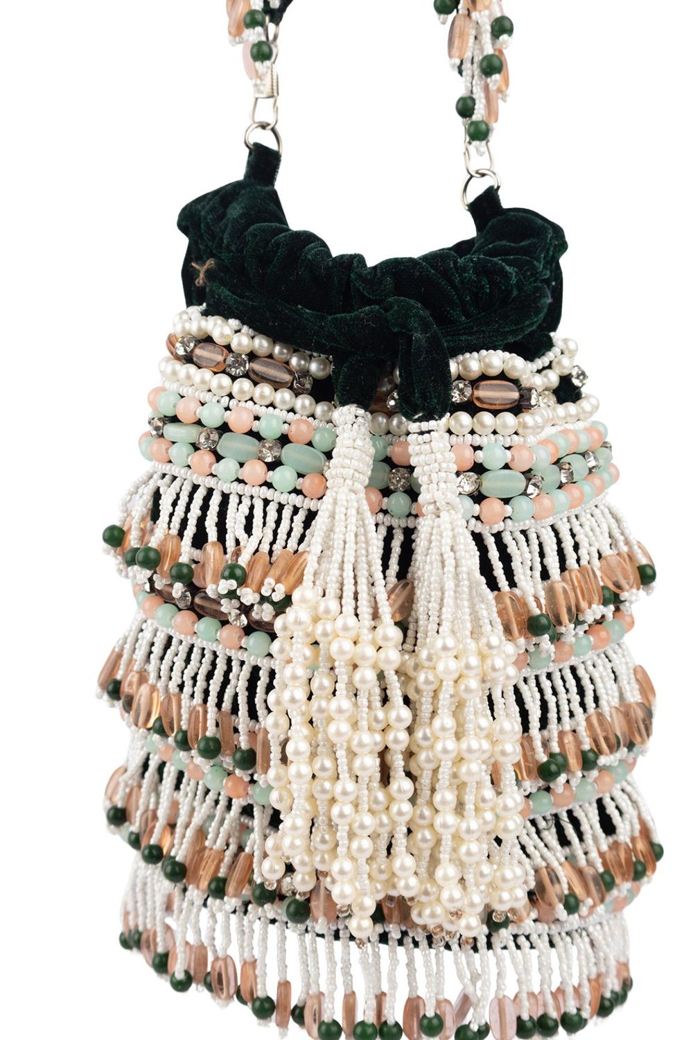 Bottle green handcrafted potli bag with beads stones and pearl work with drawstring closure for wedding and festive wear