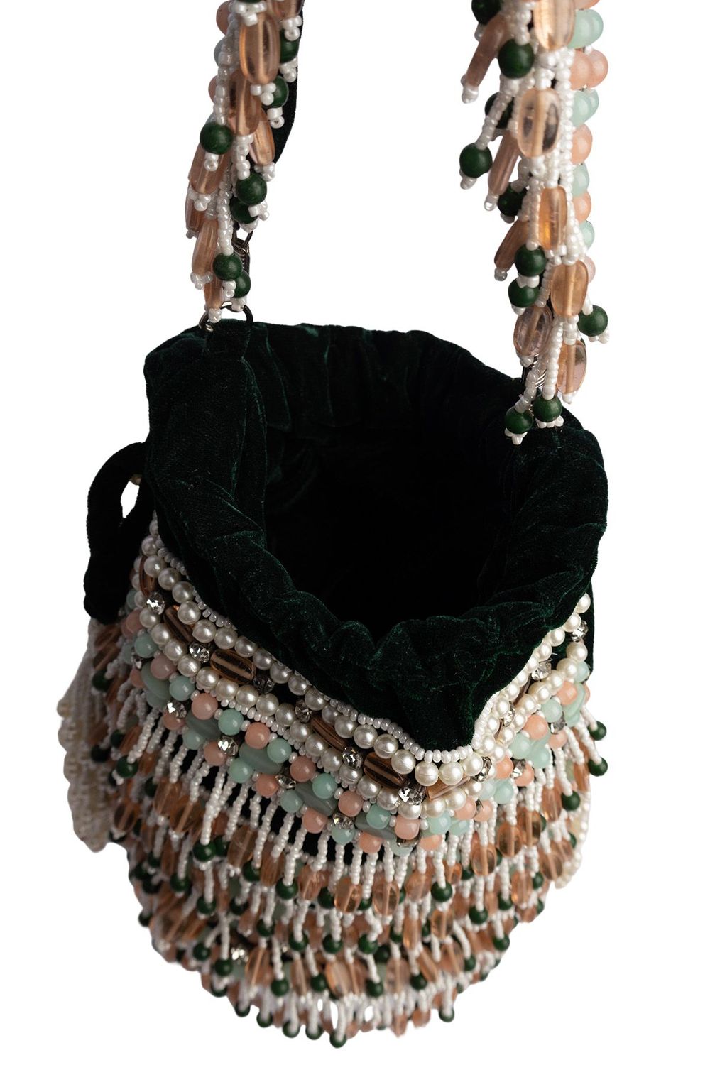 Bottle green handcrafted potli bag with beads stones and pearl work with drawstring closure for wedding and festive wear