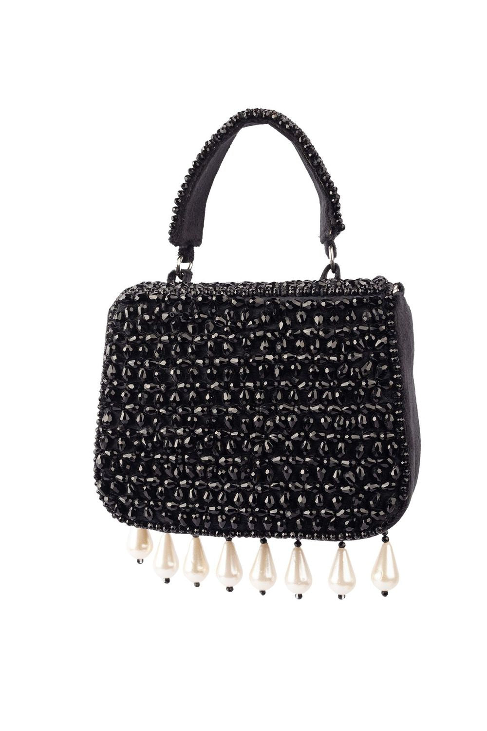 Black crystal embellished evening handbag with structured design handle and chain strap for wedding and party wear