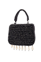 Black crystal embellished evening handbag with structured design handle and chain strap for wedding and party wear