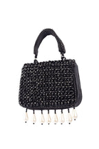 Black crystal embellished evening handbag with structured design handle and chain strap for wedding and party wear