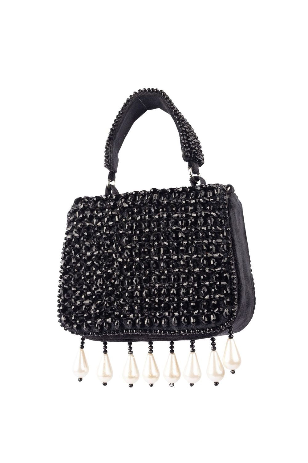 Black crystal embellished evening handbag with structured design handle and chain strap for wedding and party wear