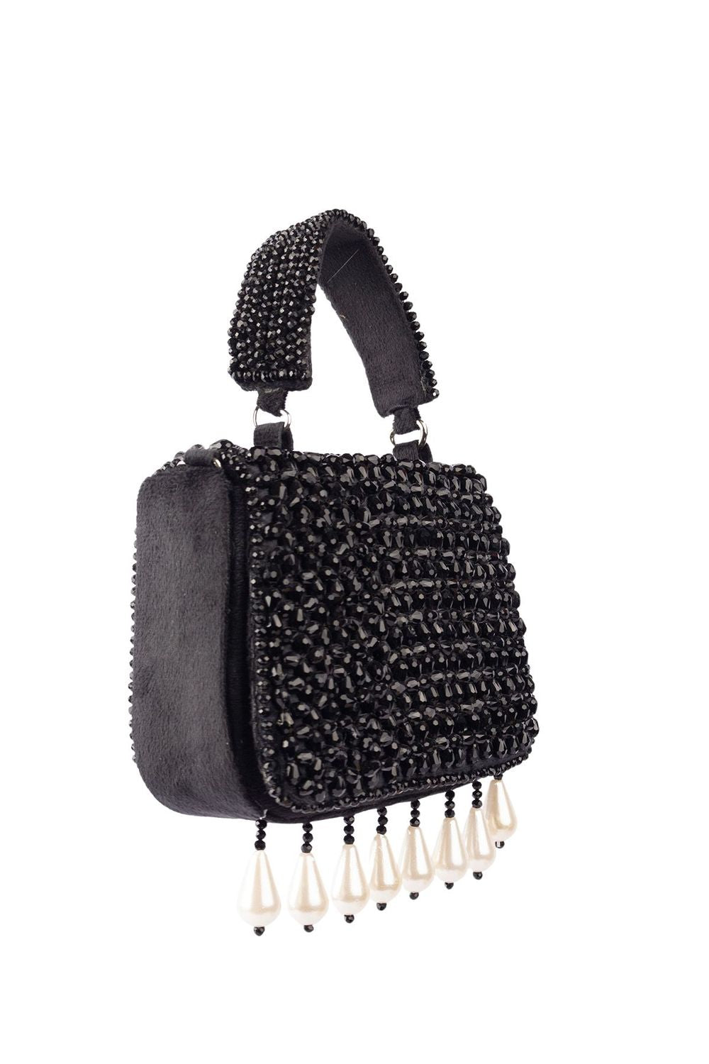 Black crystal embellished evening handbag with structured design handle and chain strap for wedding and party wear