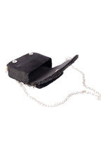 Black crystal embellished evening handbag with structured design handle and chain strap for wedding and party wear