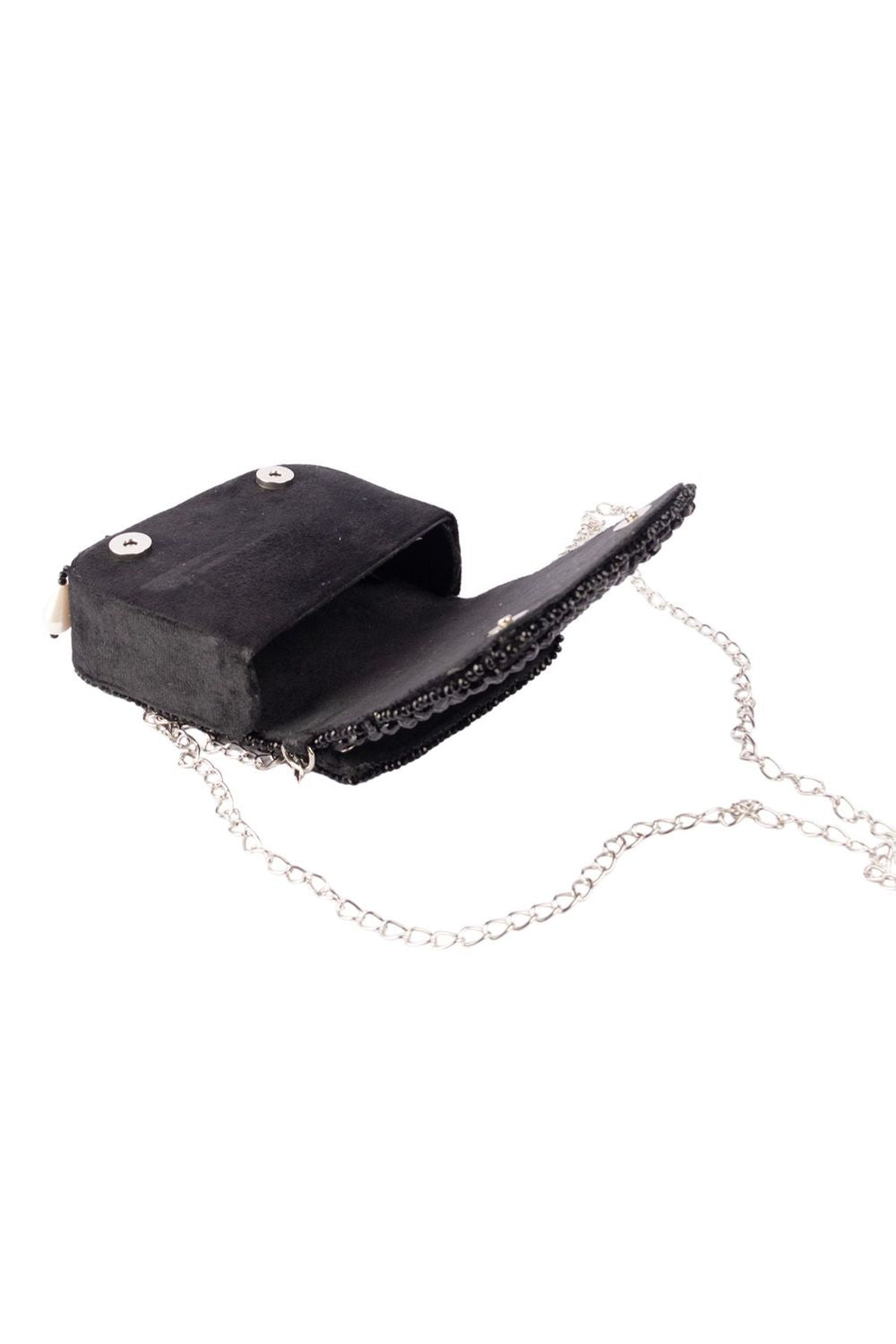Black crystal embellished evening handbag with structured design handle and chain strap for wedding and party wear