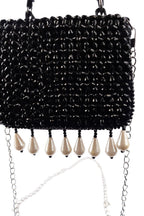 Black crystal embellished evening handbag with structured design handle and chain strap for wedding and party wear