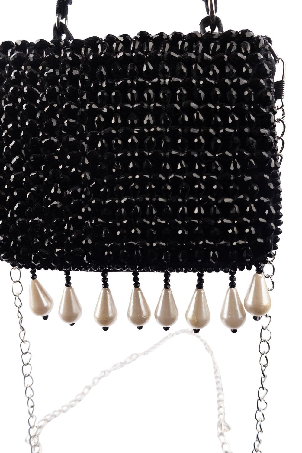 Black crystal embellished evening handbag with structured design handle and chain strap for wedding and party wear