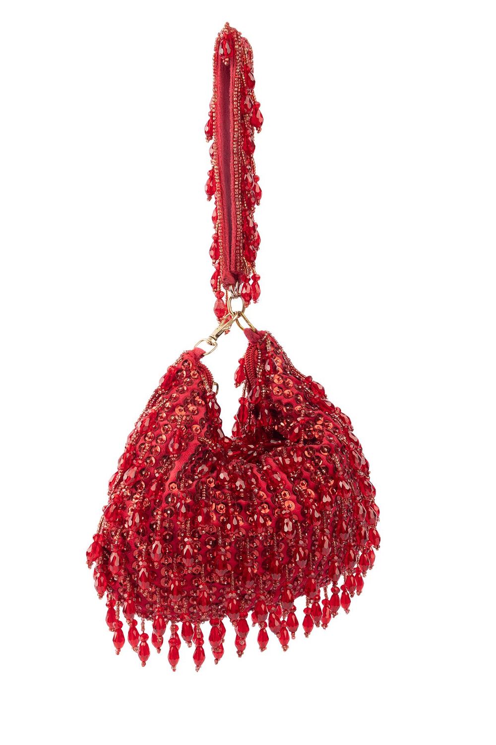 Red sequin and bead embellished elegant clutch bag with suede lining for wedding and party wear