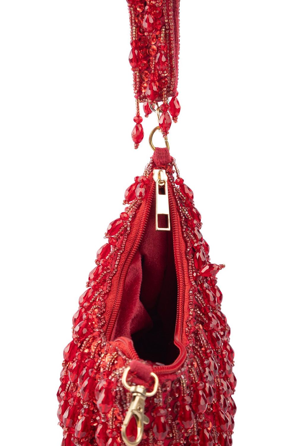 Red sequin and bead embellished elegant clutch bag with suede lining for wedding and party wear