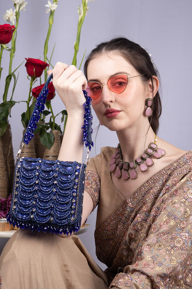 Royal blue hand-embellished shoulder bag with diamond cutdana and crystal work with suede lining for wedding and party wear Hover Image