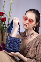 Royal blue hand-embellished shoulder bag with diamond cutdana and crystal work with suede lining for wedding and party wear