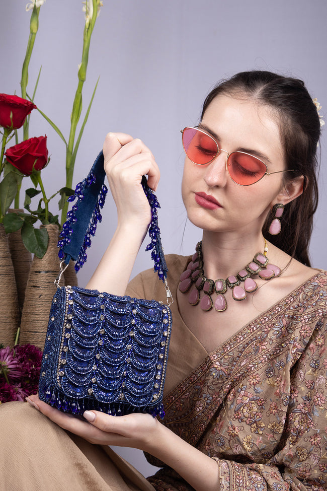 Royal Blue Hand Embellished Shoulder Bag with Crystal Work Main Image