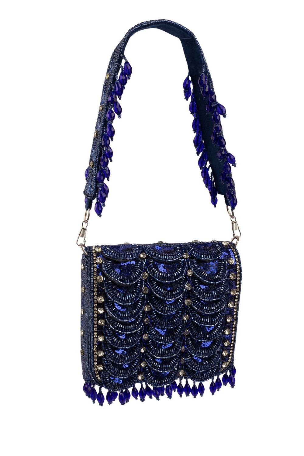 Royal blue hand-embellished shoulder bag with diamond cutdana and crystal work with suede lining for wedding and party wear