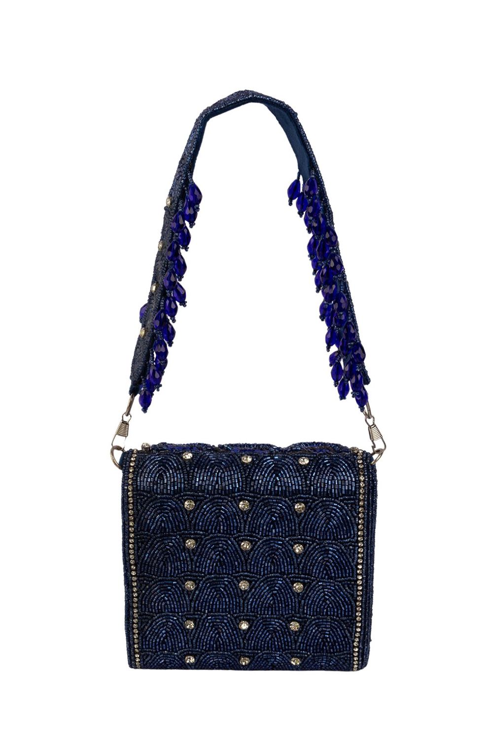 Royal blue hand-embellished shoulder bag with diamond cutdana and crystal work with suede lining for wedding and party wear